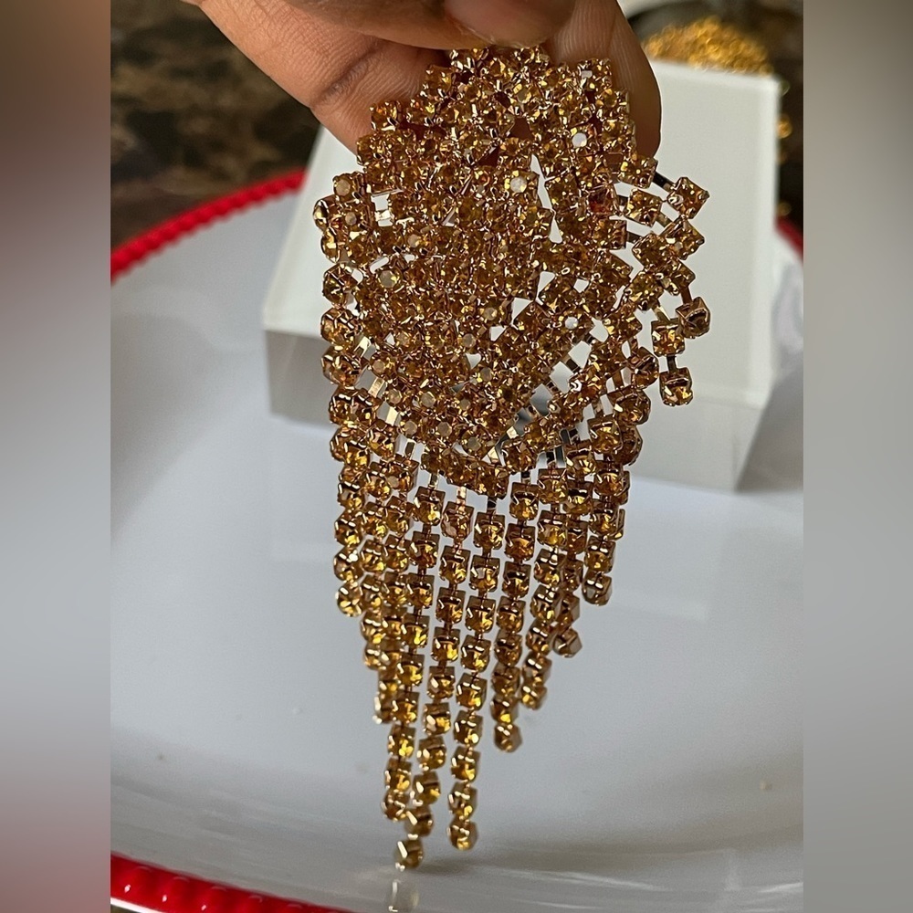 Gold toned rhinestone statement drop earrings - Picture 3 of 5
